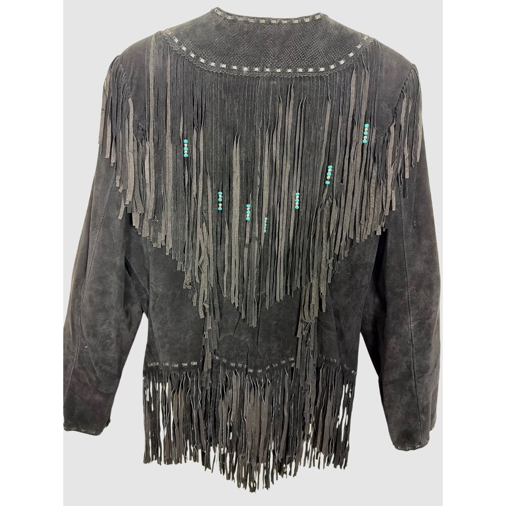Vintage Womens Genuine Leather Black Fringe Jacket With Turquoise Bead Accents S - Picture 3 of 16
